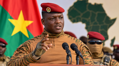 Burkina Faso President Ibrahim Traore speaking at an official event